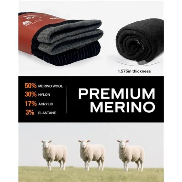 3 Pairs Men's Merino Wool Thermal Socks Cushioned Crew Boot Socks - Picture 4 of 6